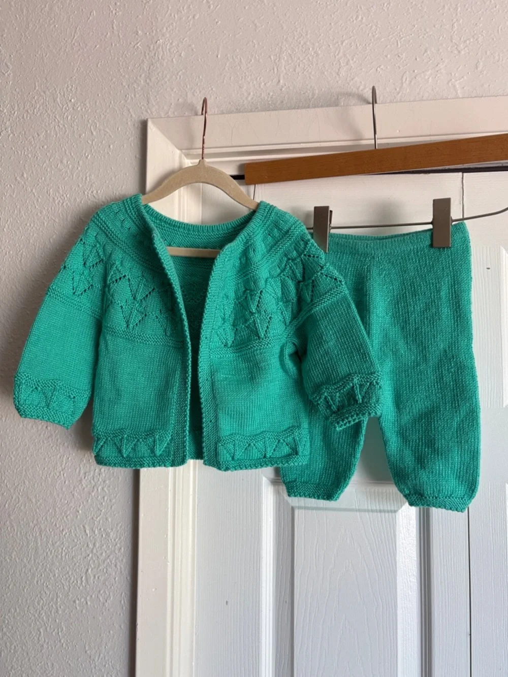 Hand-Knit Baby Cardigan & Pants Set - Bright Teal Turquoise